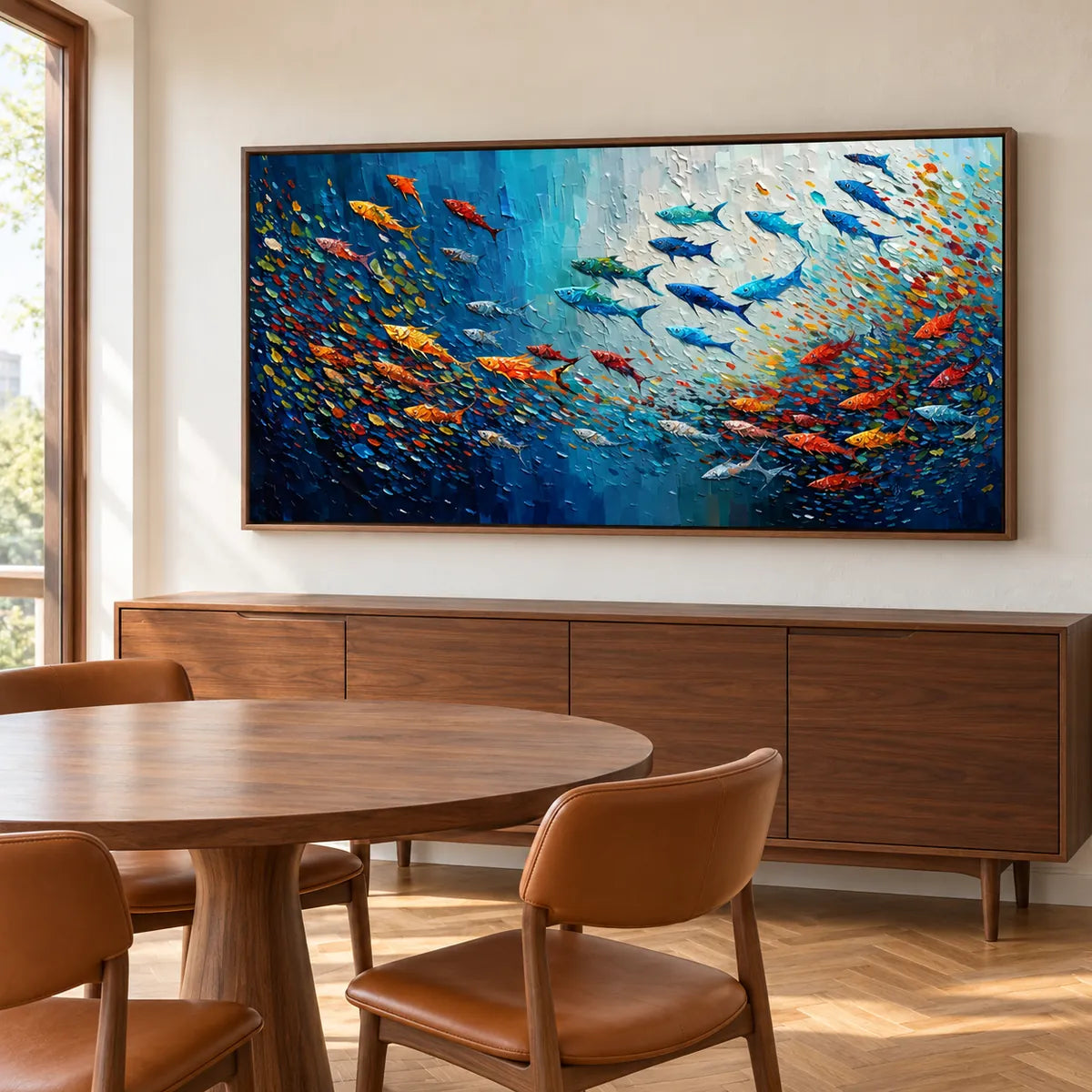 Abstract Fish Painting TA#3037 — Dark Wood Frame existing room preview