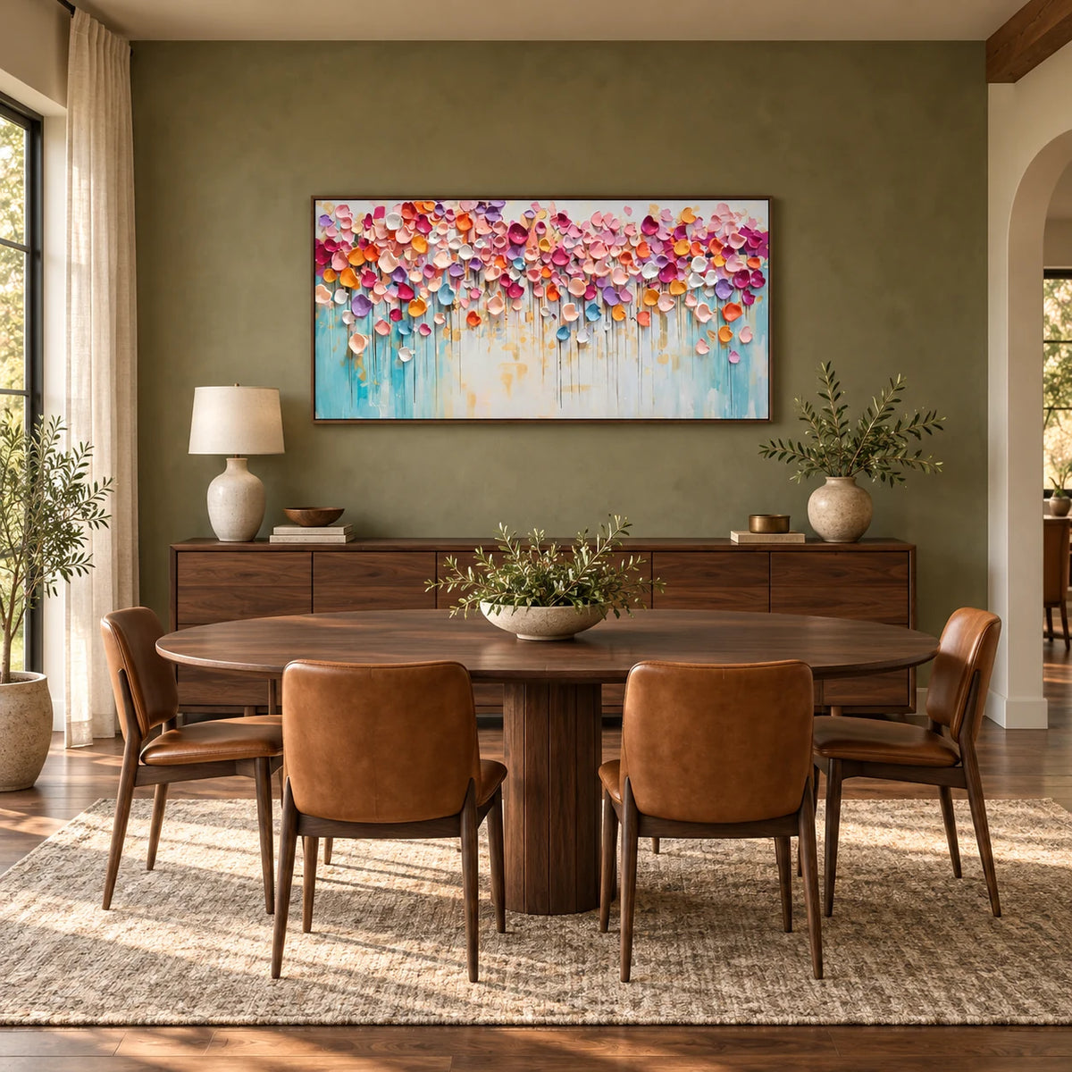 Pastel Floral Abstract Painting TA#3042 — Dark Wood Frame existing room preview