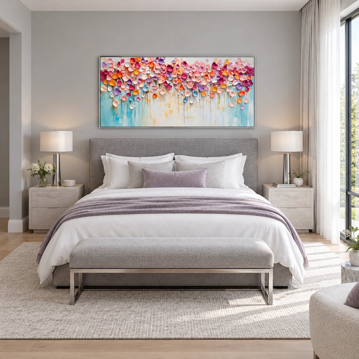 Pastel Floral Abstract Painting TA#3042 — Silver Frame existing room preview