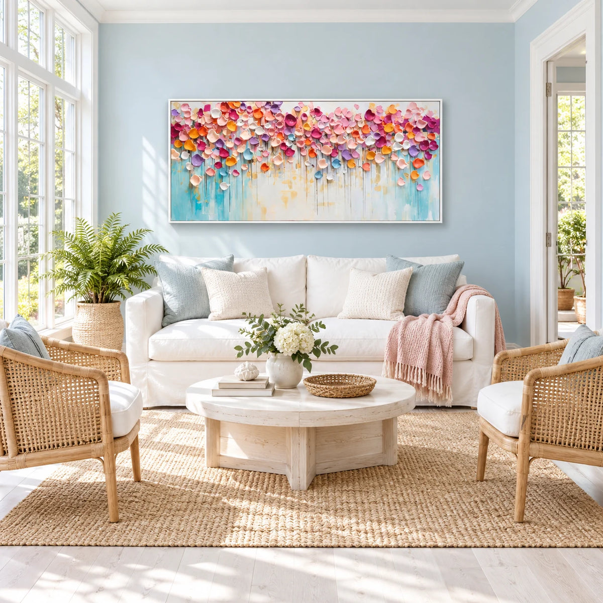 Pastel Floral Abstract Painting TA#3042 — White Frame existing room preview