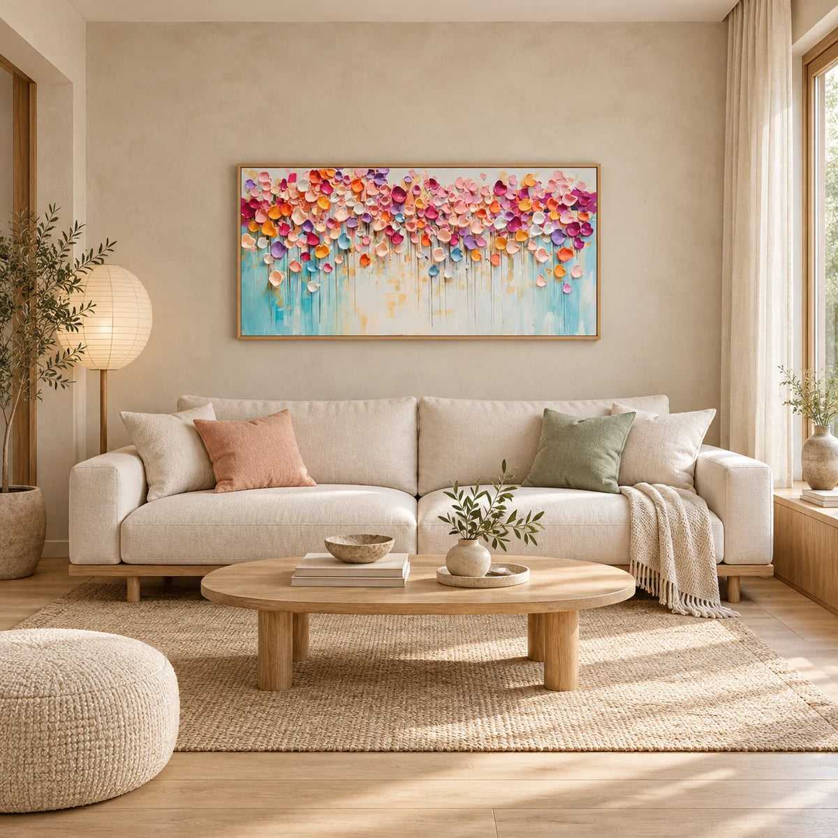 Pastel Floral Abstract Painting TA#3042 — Wood Frame existing room preview