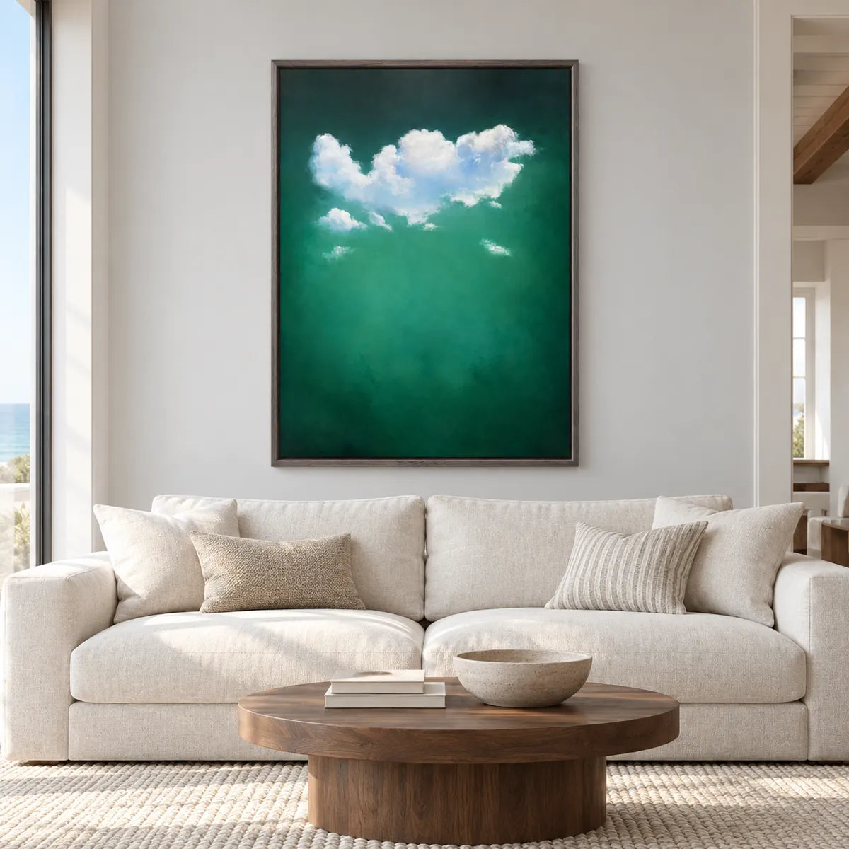 Green Cloud Abstract Painting TA#3045 — Dark Wood Frame existing room preview
