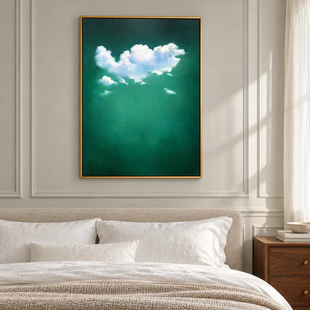 Green Cloud Abstract Painting TA#3045 — Gold Frame existing room preview