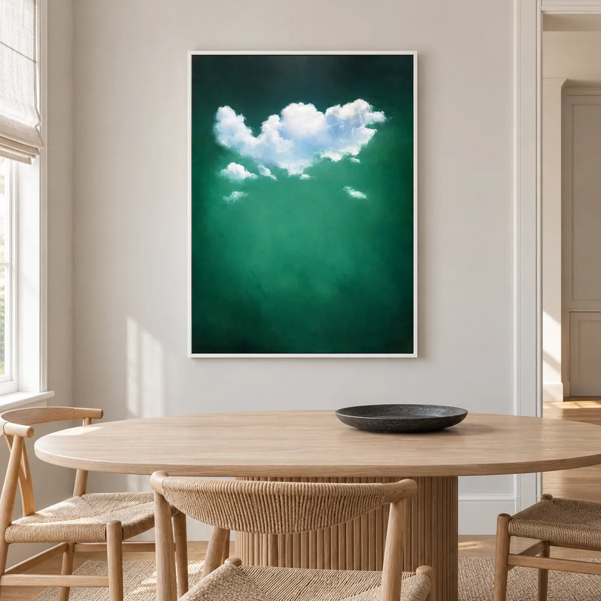 Green Cloud Abstract Painting TA#3045 — White Frame existing room preview