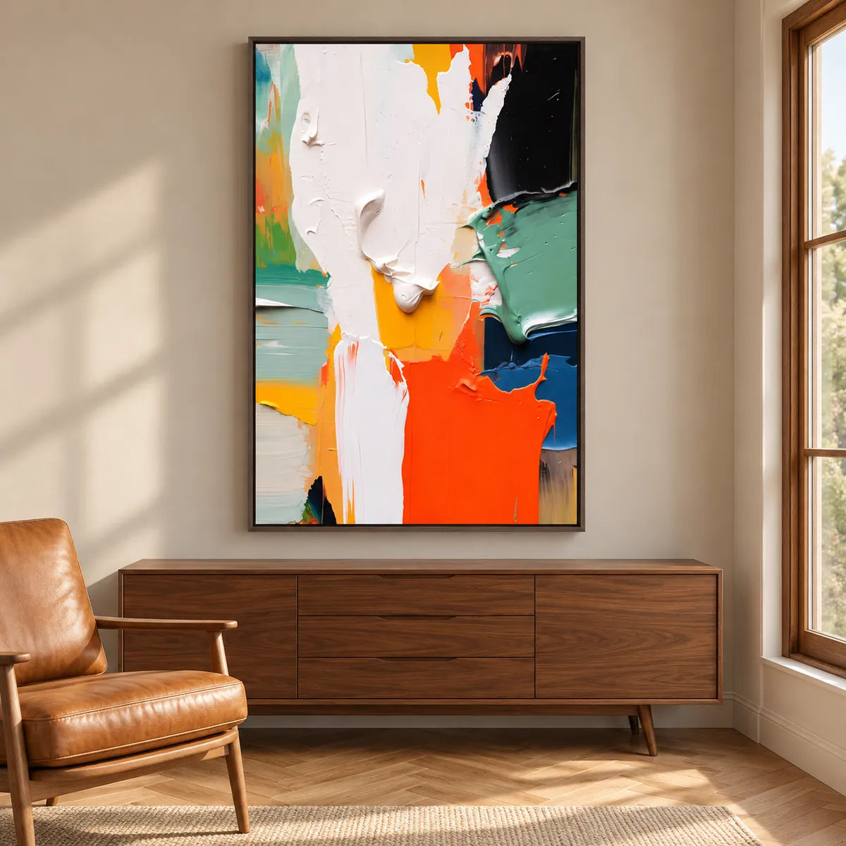 Bold Color Textured Abstract Painting TA#3046 — Dark Wood Frame existing room preview
