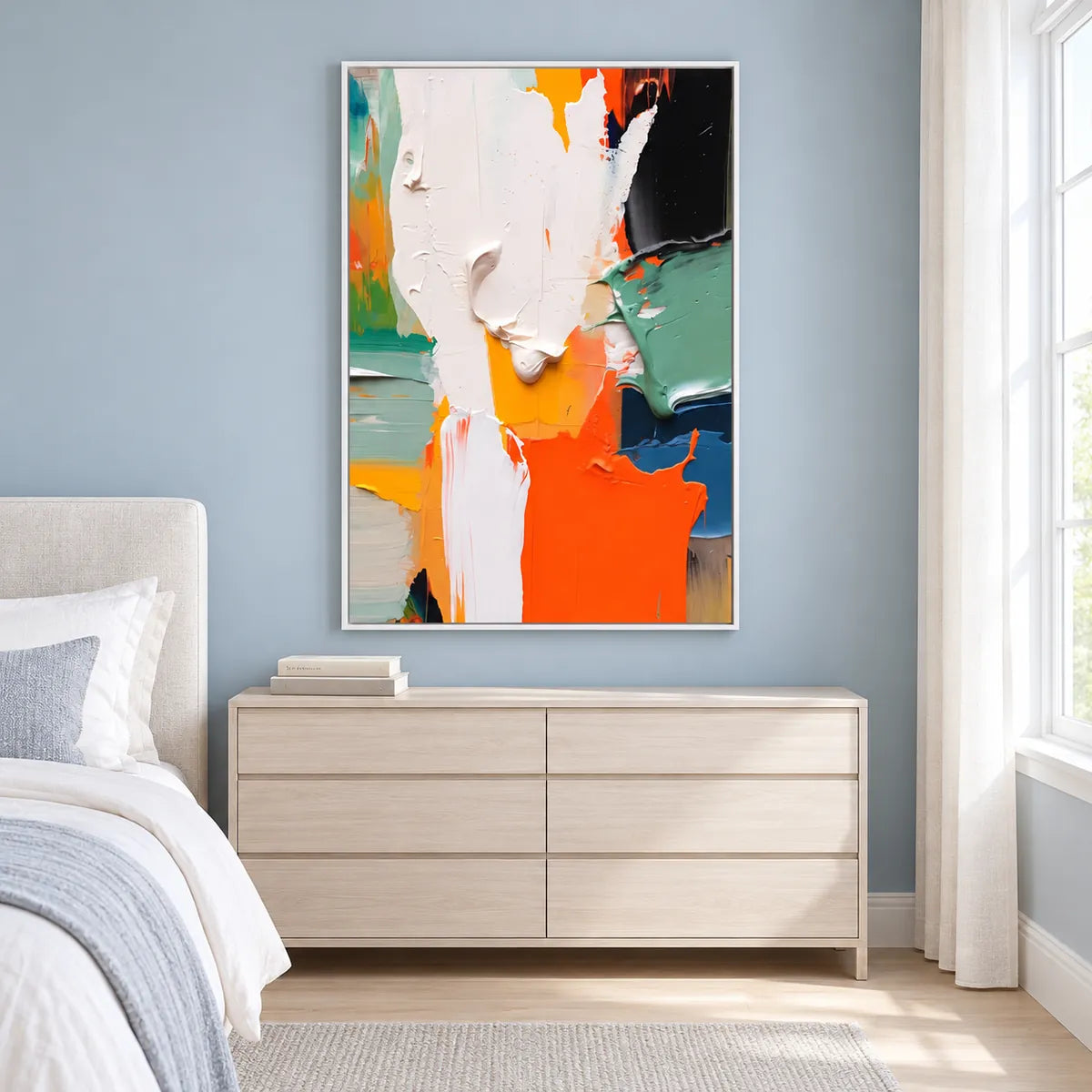 Bold Color Textured Abstract Painting TA#3046 — White Frame existing room preview