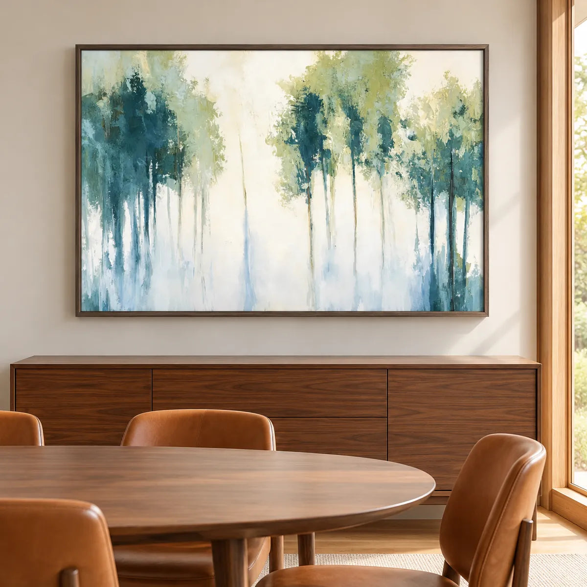 Soft Green Forest Abstract Painting TA#3048 — Dark Wood Frame existing room preview