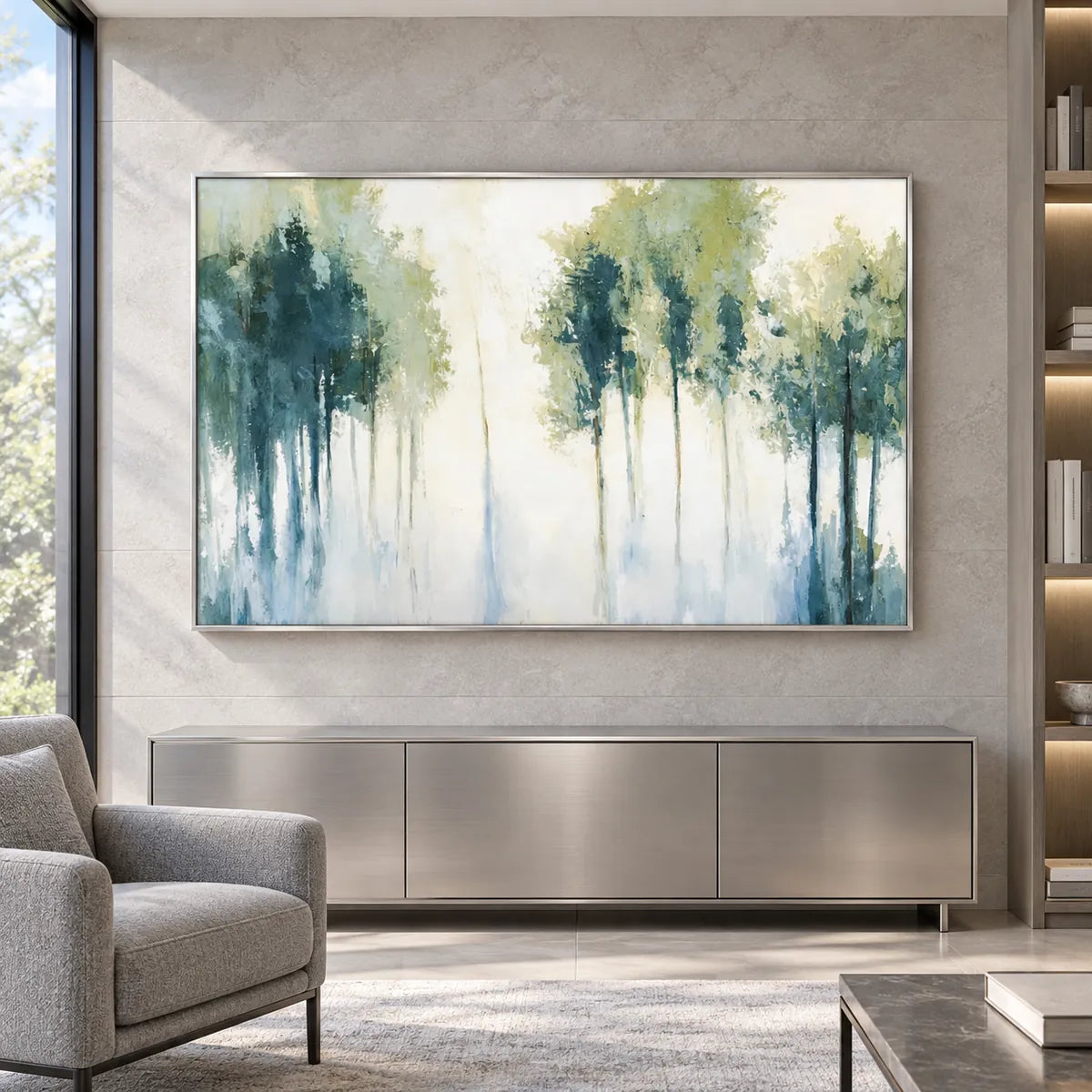 Soft Green Forest Abstract Painting TA#3048 — Silver Frame existing room preview