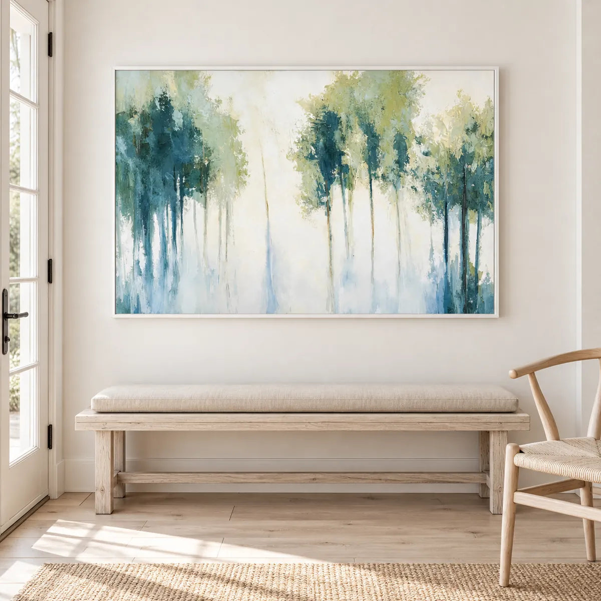 Soft Green Forest Abstract Painting TA#3048 — White Frame existing room preview