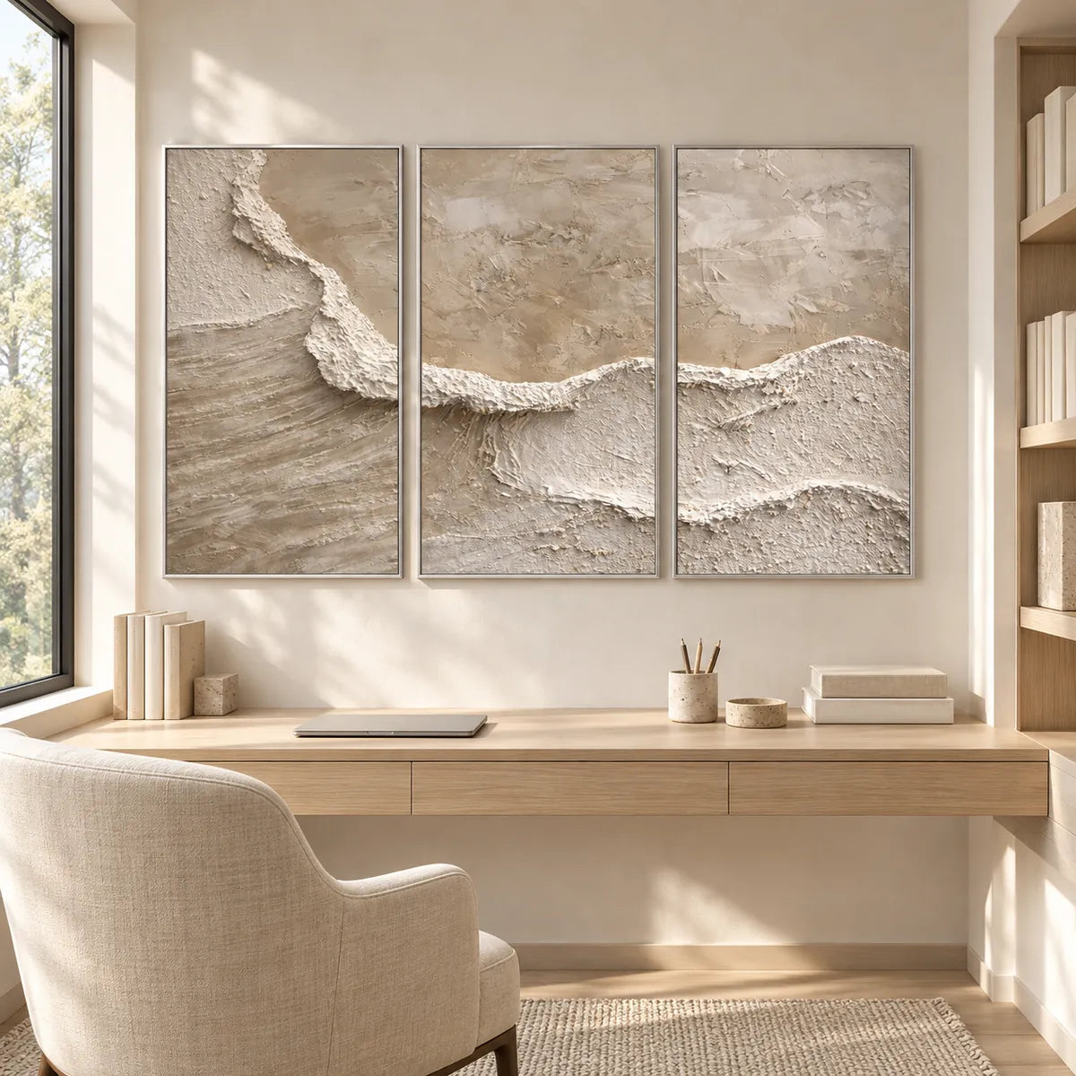 Neutral Textured Abstract Painting TA#3050 — Silver Frame existing room preview