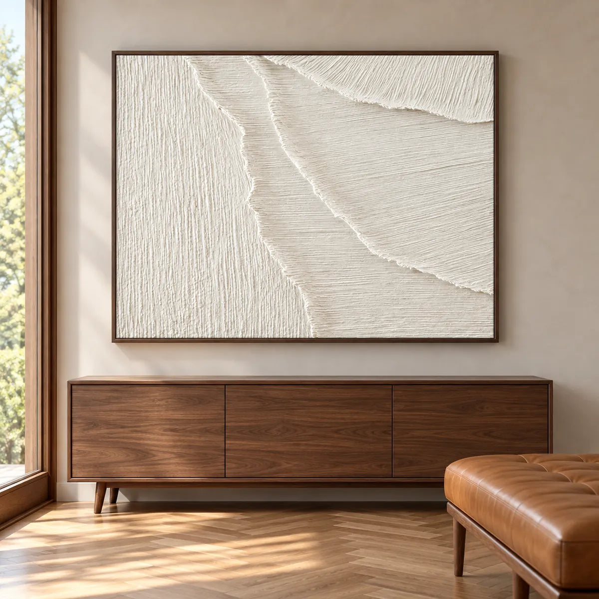 Minimal White Textured Abstract Painting TA#3051 — Dark Wood Frame existing room preview