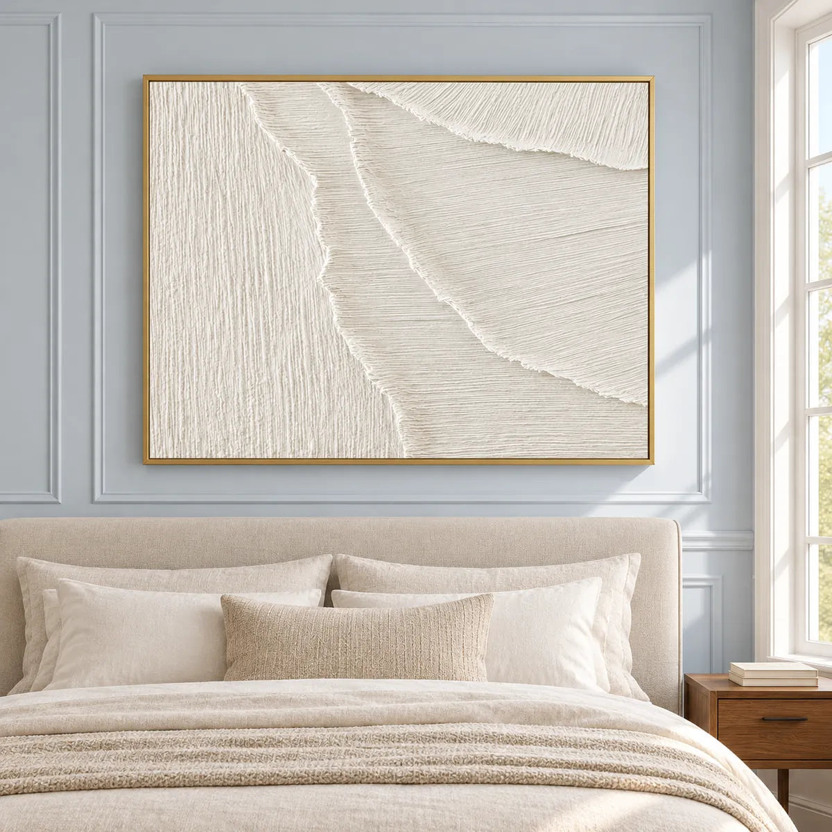 Minimal White Textured Abstract Painting TA#3051 — Gold Frame existing room preview