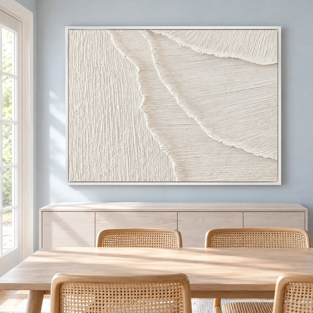 Minimal White Textured Abstract Painting TA#3051 — White Frame existing room preview