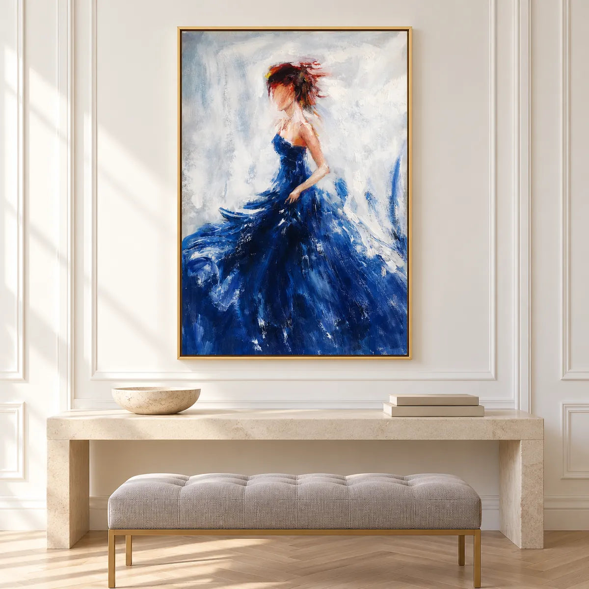 Elegant Woman Abstract Painting TA#3054 — Gold Frame existing room preview