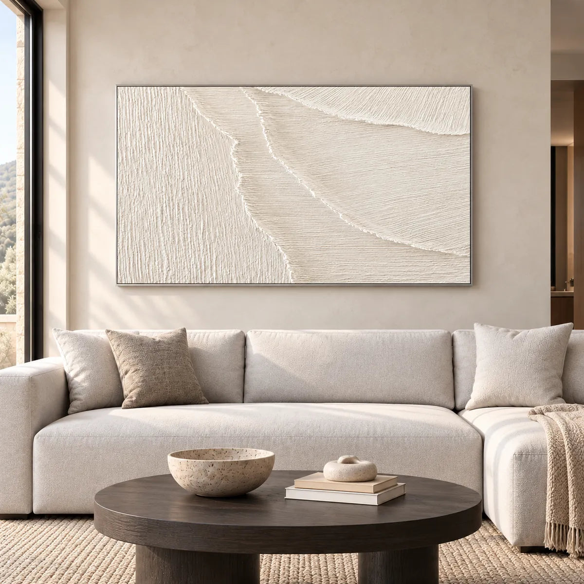 Ivory Flow-Textured Minimal Painting TA#3057 — Silver Frame existing room preview