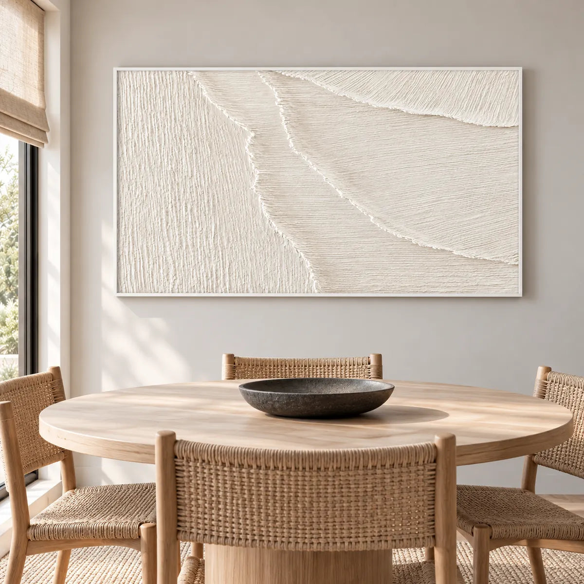 Ivory Flow-Textured Minimal Painting TA#3057 — White Frame existing room preview