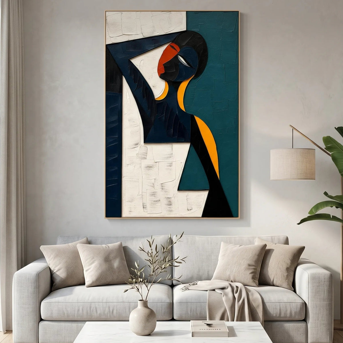 Teal Figurative Abstract Original Oil Painting Wall Art AA#0615 — Existing room preview room preview