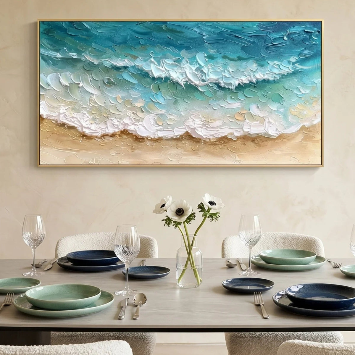 Turquoise Beach Wave Canvas Painting for Coastal Decor TA#1204 — Existing room preview room preview