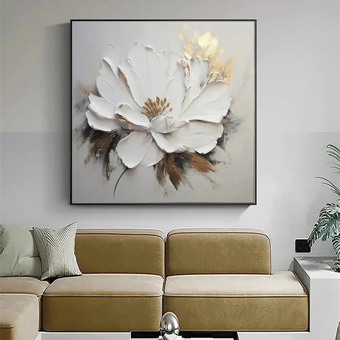 White Textured Floral Painting Gold Accent Wall Art – Rosemary Art