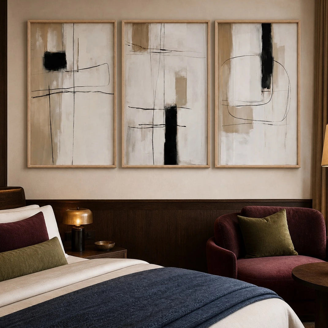 Beige and Black Japandi Abstract Wall Art Triptych – TP#1405 — Existing room preview room preview