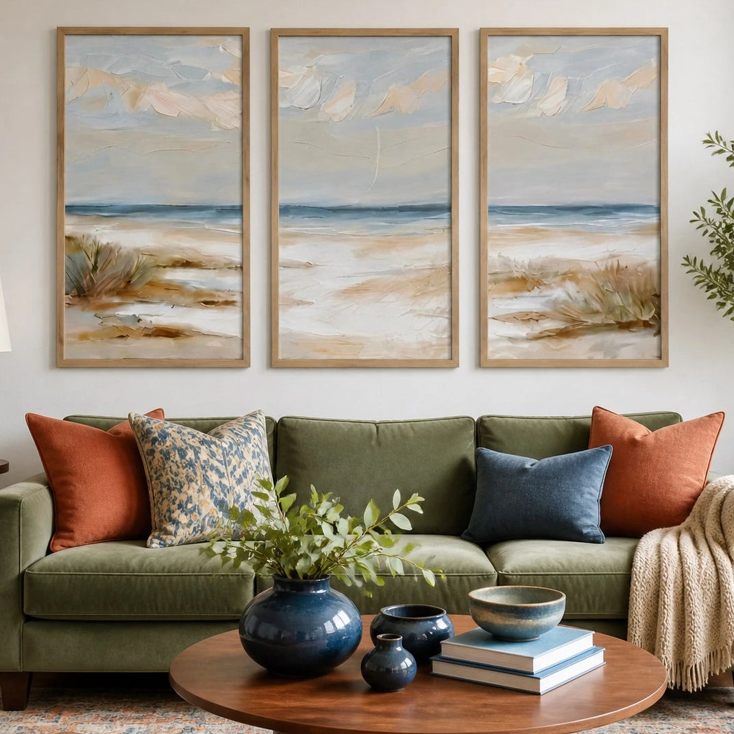 Same room with Coastal Neutral Beach Landscape Painting Triptych – TP#1411 in Existing room preview