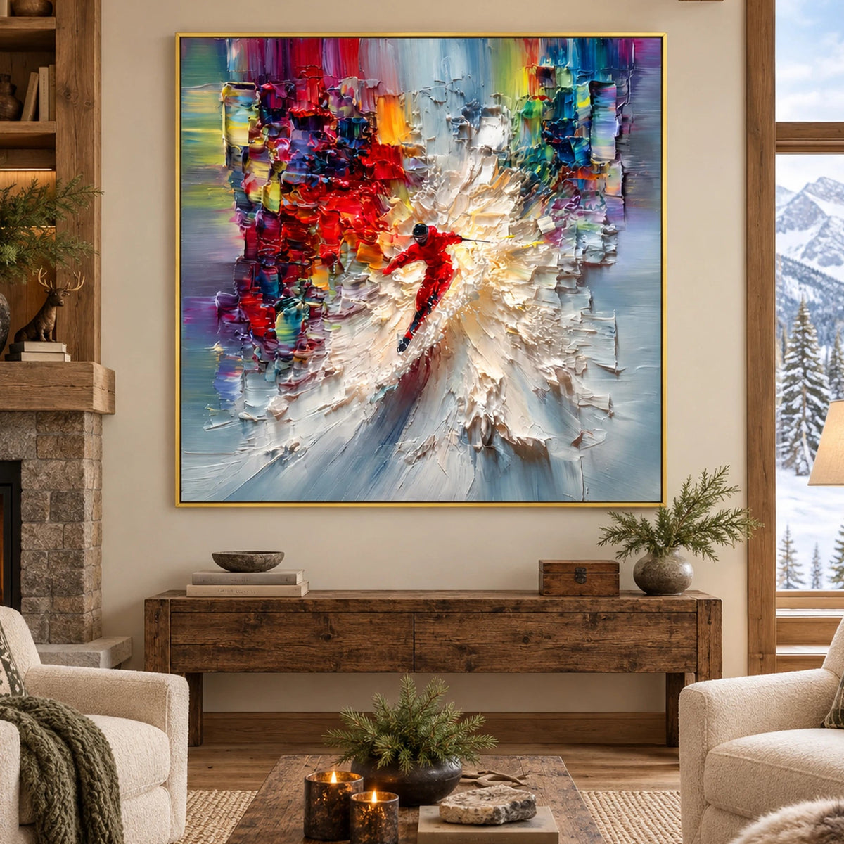 Colorful Downhill Skier Oil Painting – SK#0904 — Existing room preview room preview