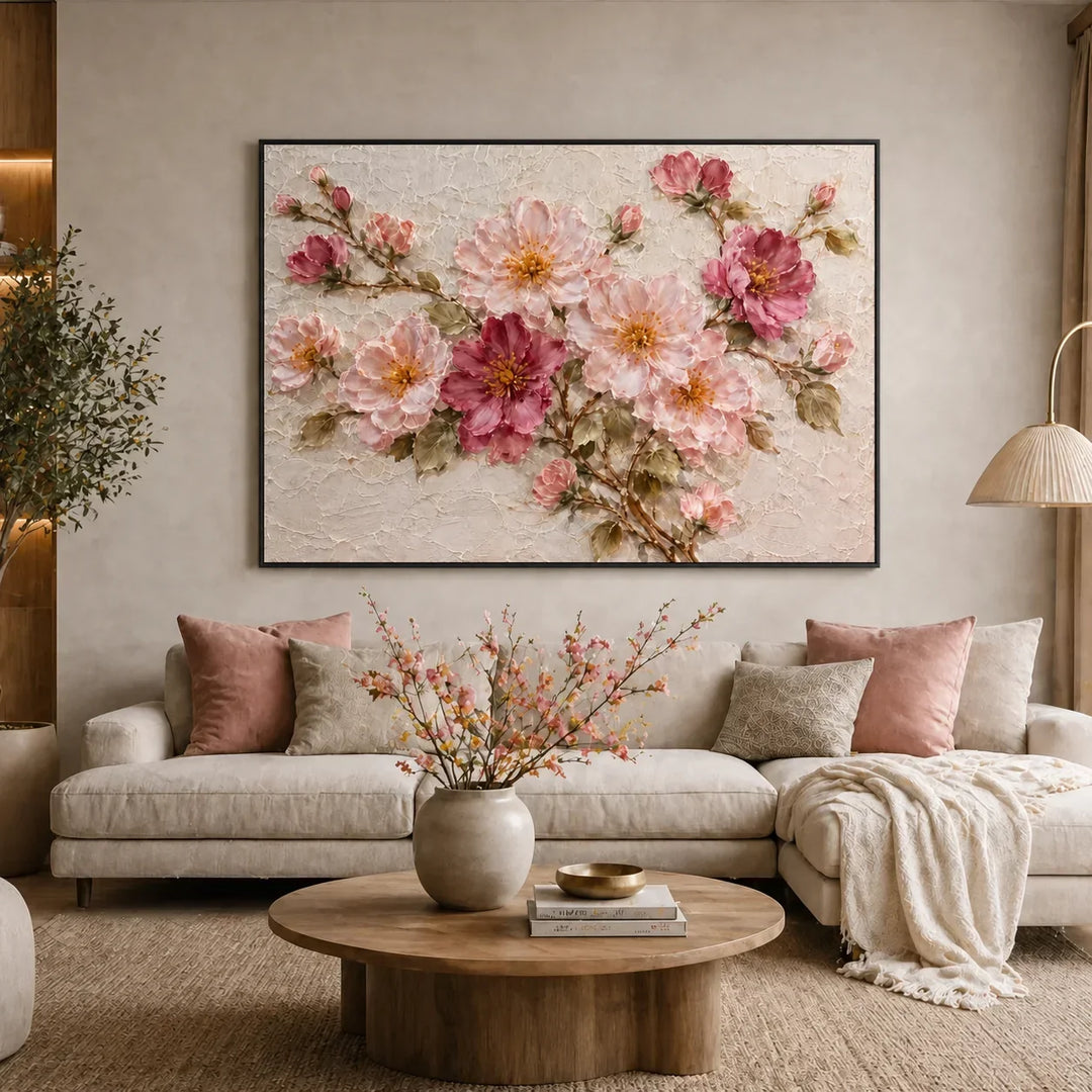 Oversized abstract art on a large living room wall above a sofa