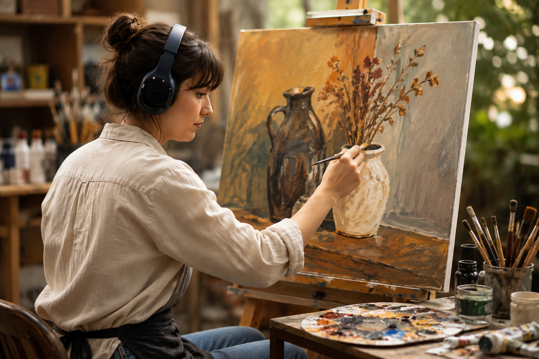Artist creating a hand-painted painting on canvas in the studio