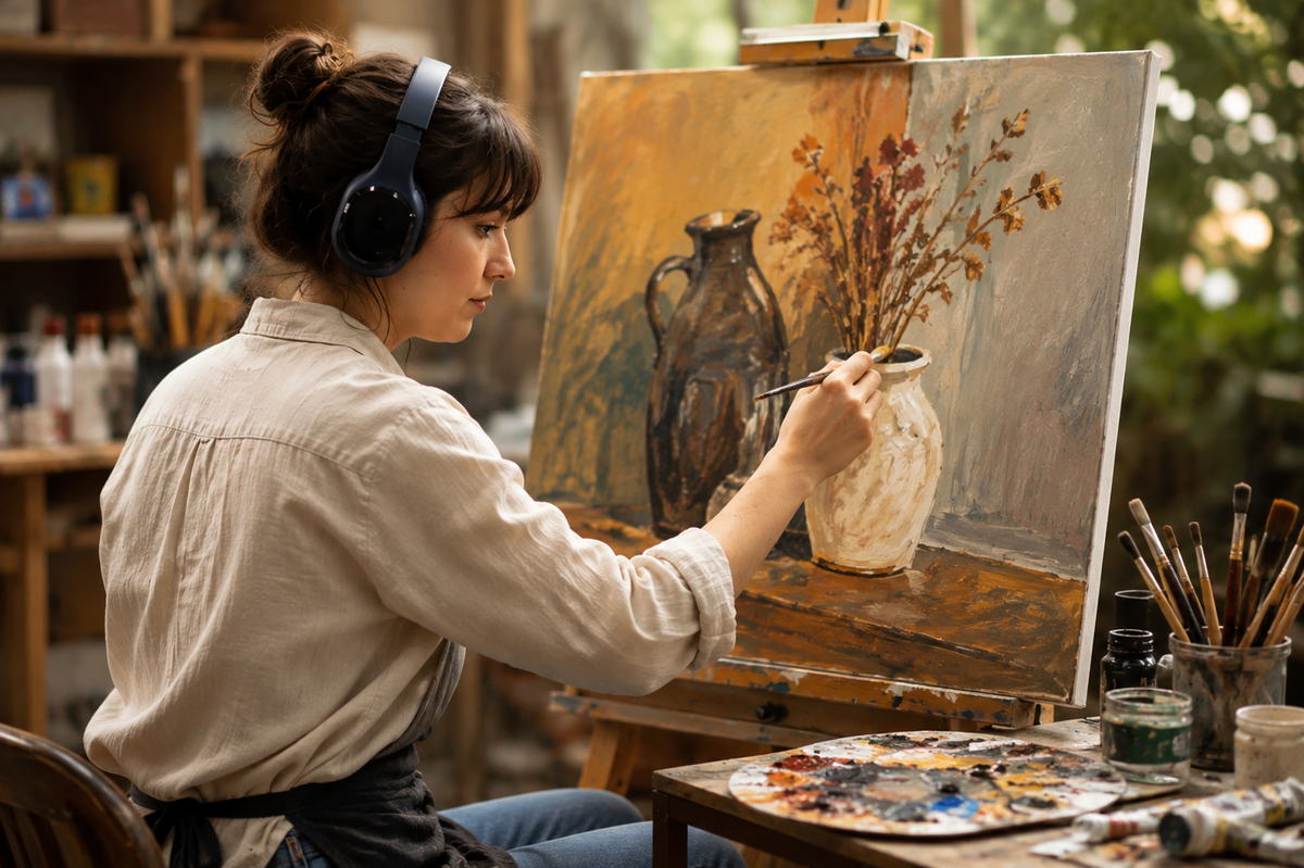 Artist creating a hand-painted painting on canvas in the studio