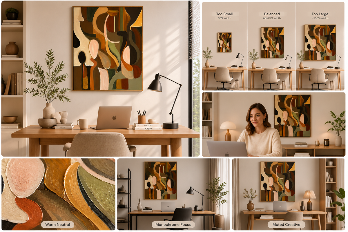minimalist home office wall art in black white warm neutral and muted colors