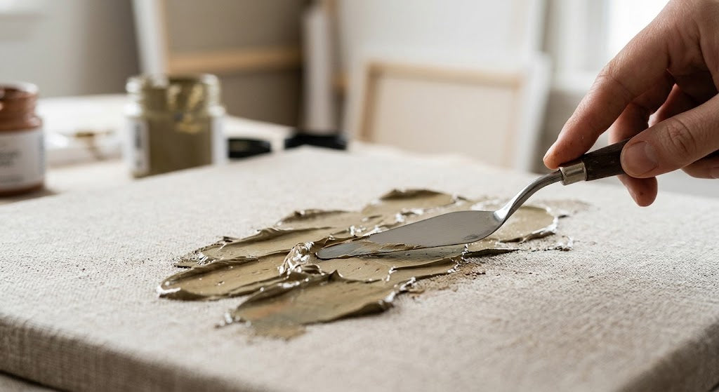 Artist using a palette knife to create thick texture on a hand-painted canvas