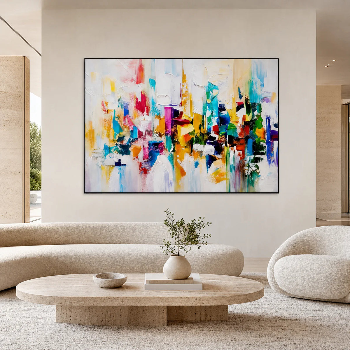 Large hand-painted wall art in a professionally styled modern living room