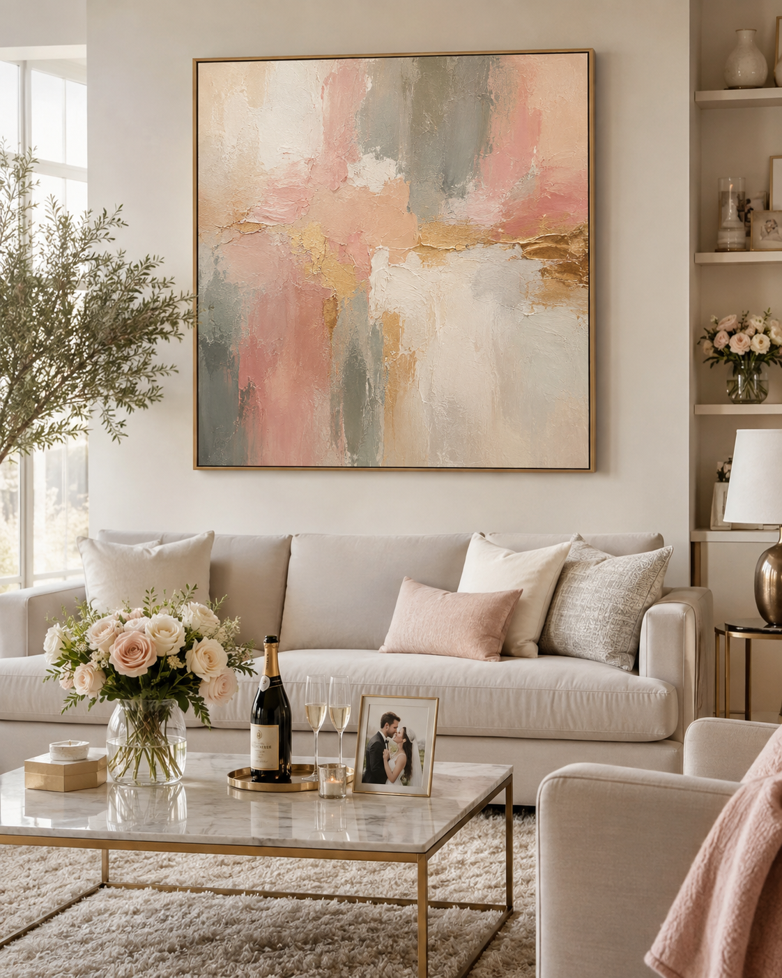 Hand-painted abstract art displayed as a wedding gift in a newlywed couple’s modern living room