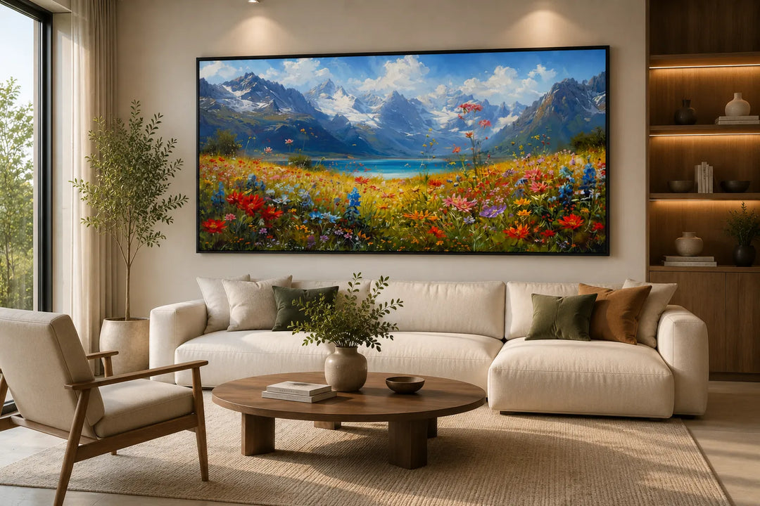 floral painting above the bed