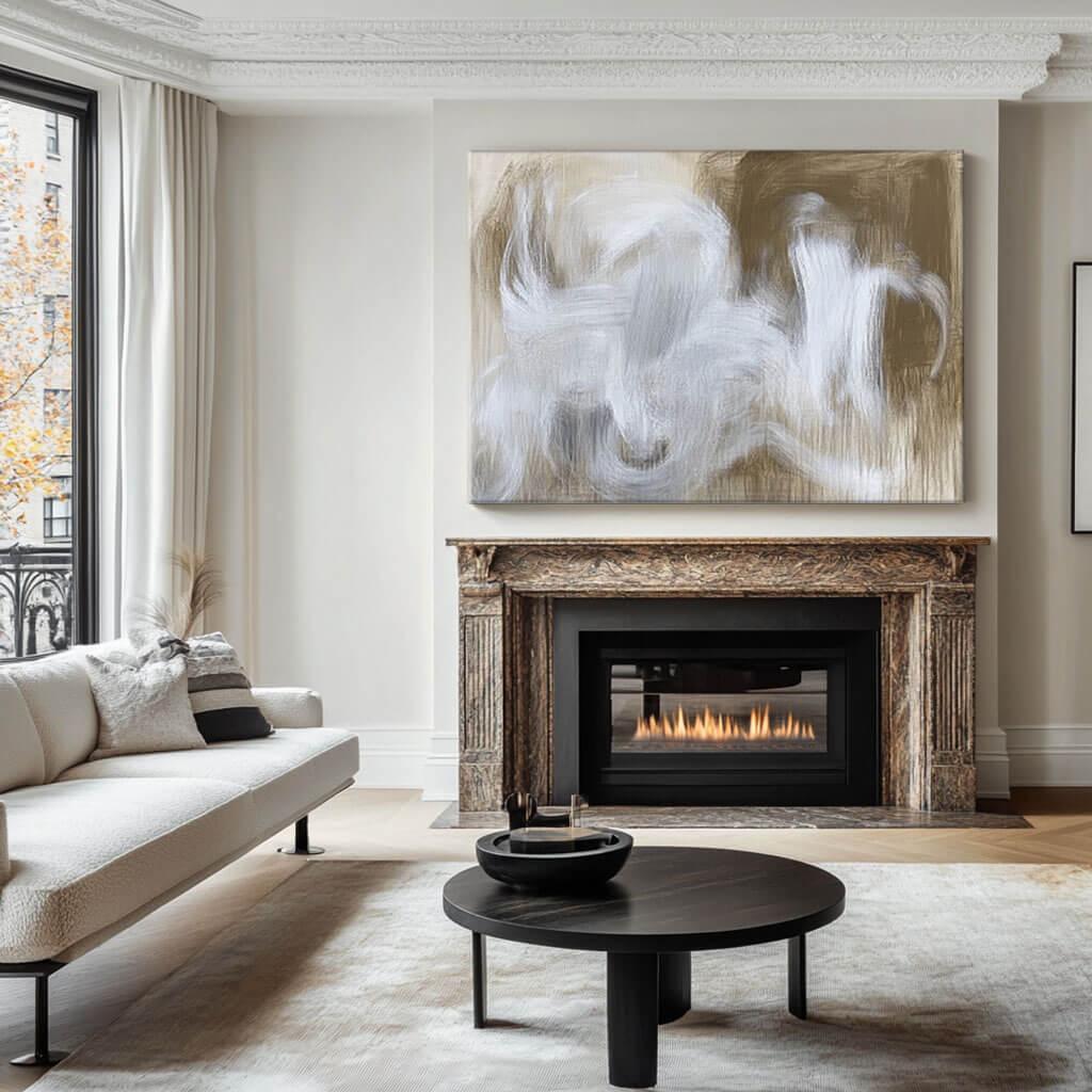 Large abstract art above a modern living room fireplace