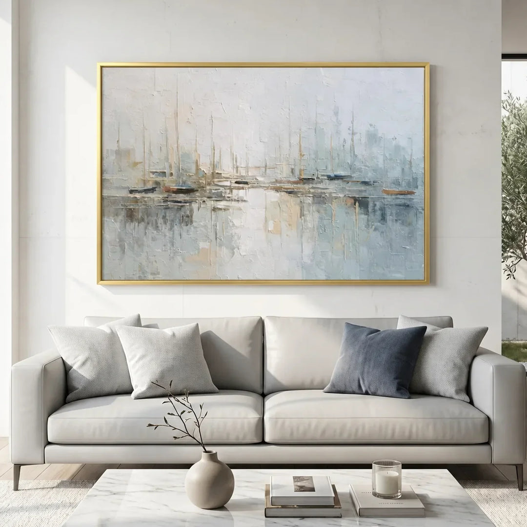 Large minimalist abstract canvas wall art in a modern neutral living room