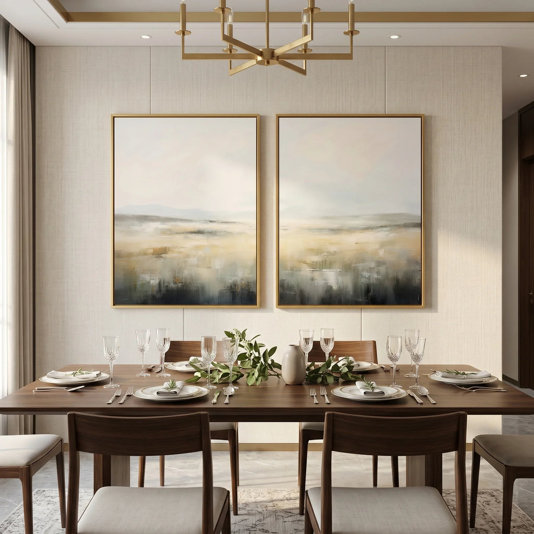 large hand painted wall art hanging above a neutral sofa