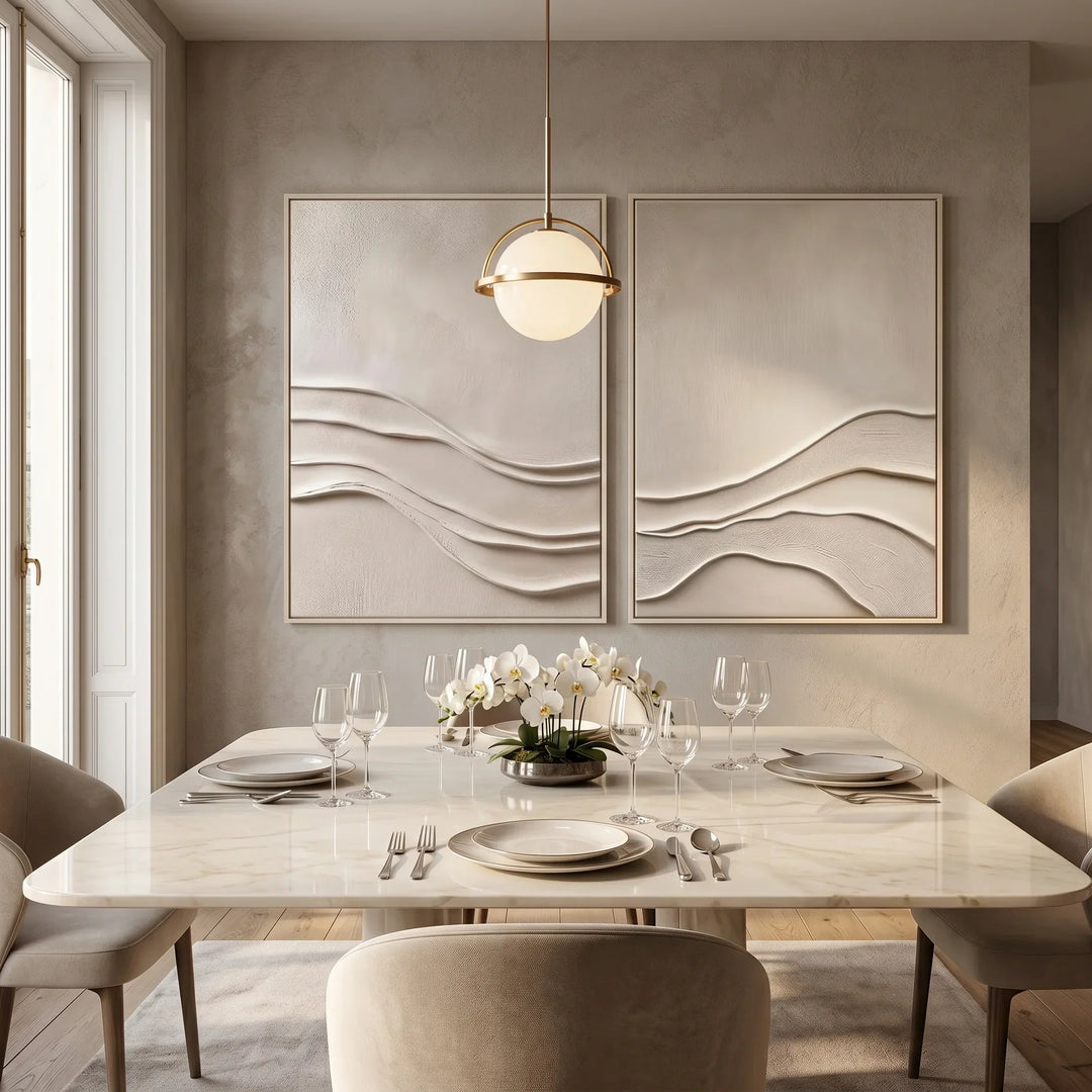 large wabi-sabi wall art in a neutral living room