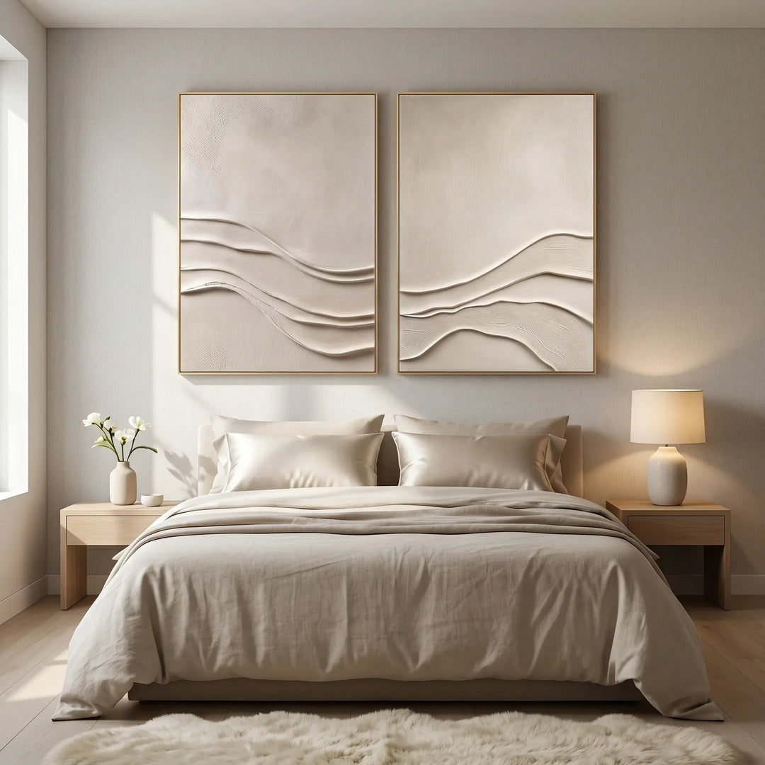 Textured oil painting above bed with visible brushstrokes and floating frame