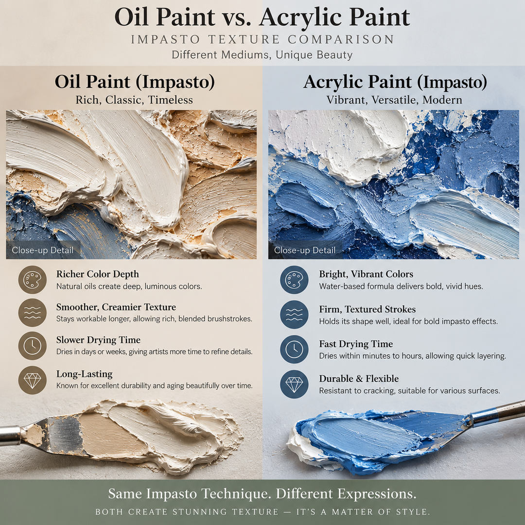 Oil and acrylic impasto samples photographed side by side under the same lighting.