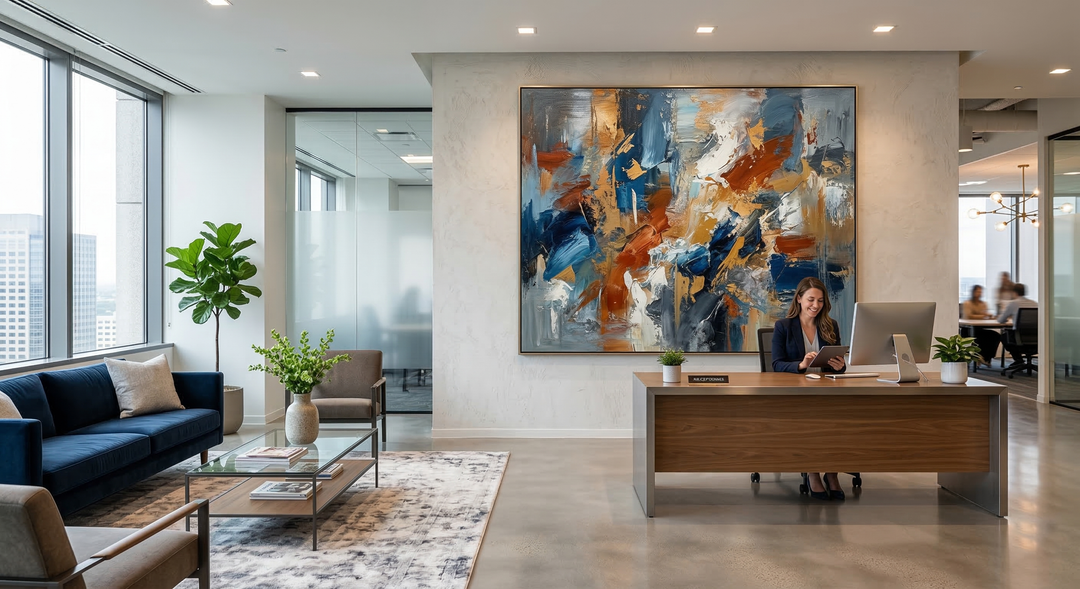 Professional office wall art featuring an original abstract canvas painting.