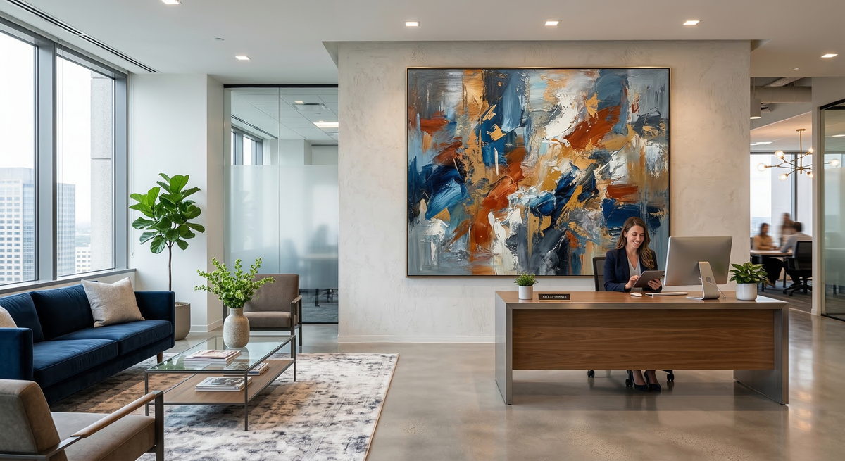 Professional office wall art featuring an original abstract canvas painting.