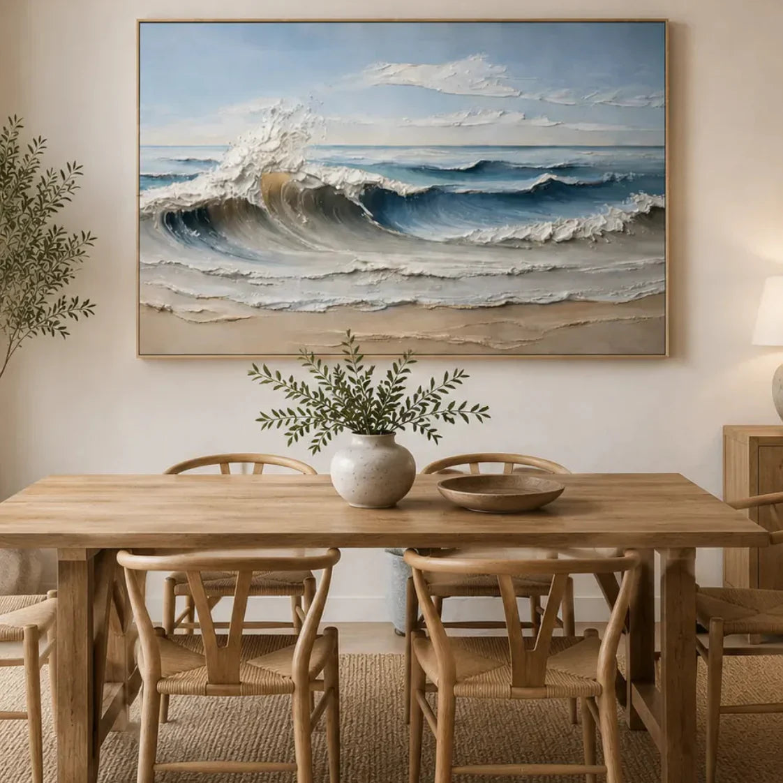 Large rustic canvas wall art above beige sofa in contemporary living room