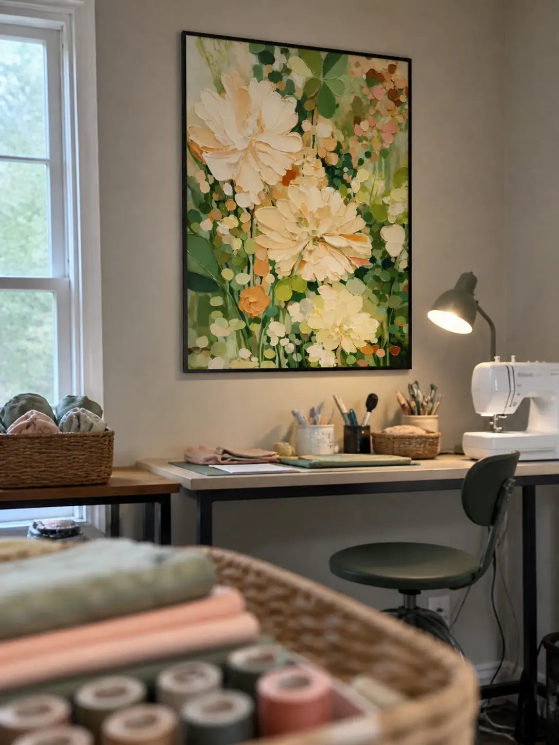 Vertical abstract painting above a wooden console in a neutral entryway.