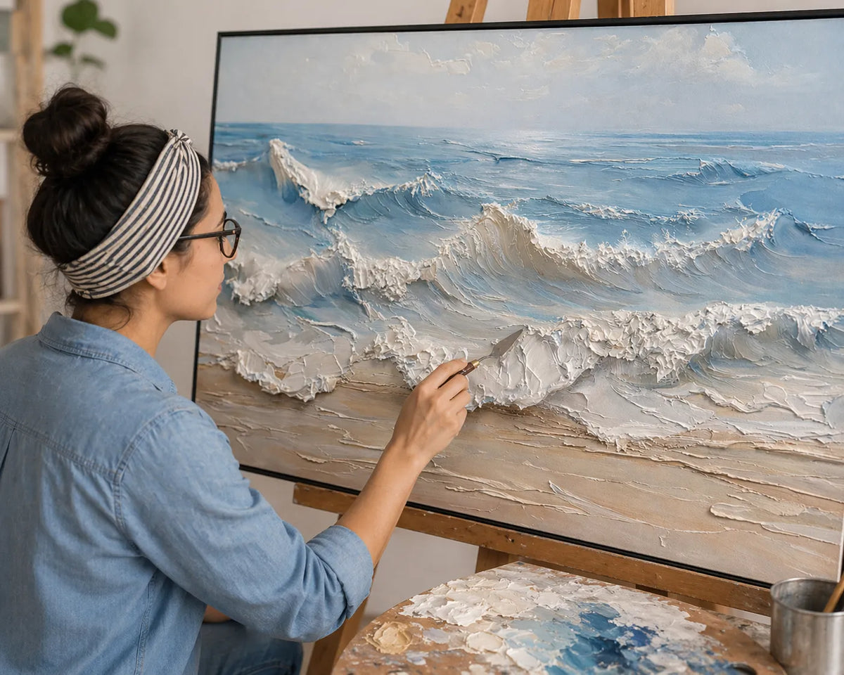 Artist creating a hand-painted textured oil painting in the Rosemary Art studio