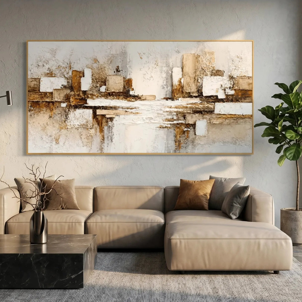 Modern decorative abstract painting above sofa in a contemporary living room