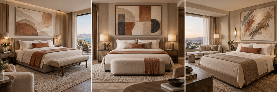 Three hotel guest room concepts with coordinated abstract paintings, a shared color palette, and different compositions.