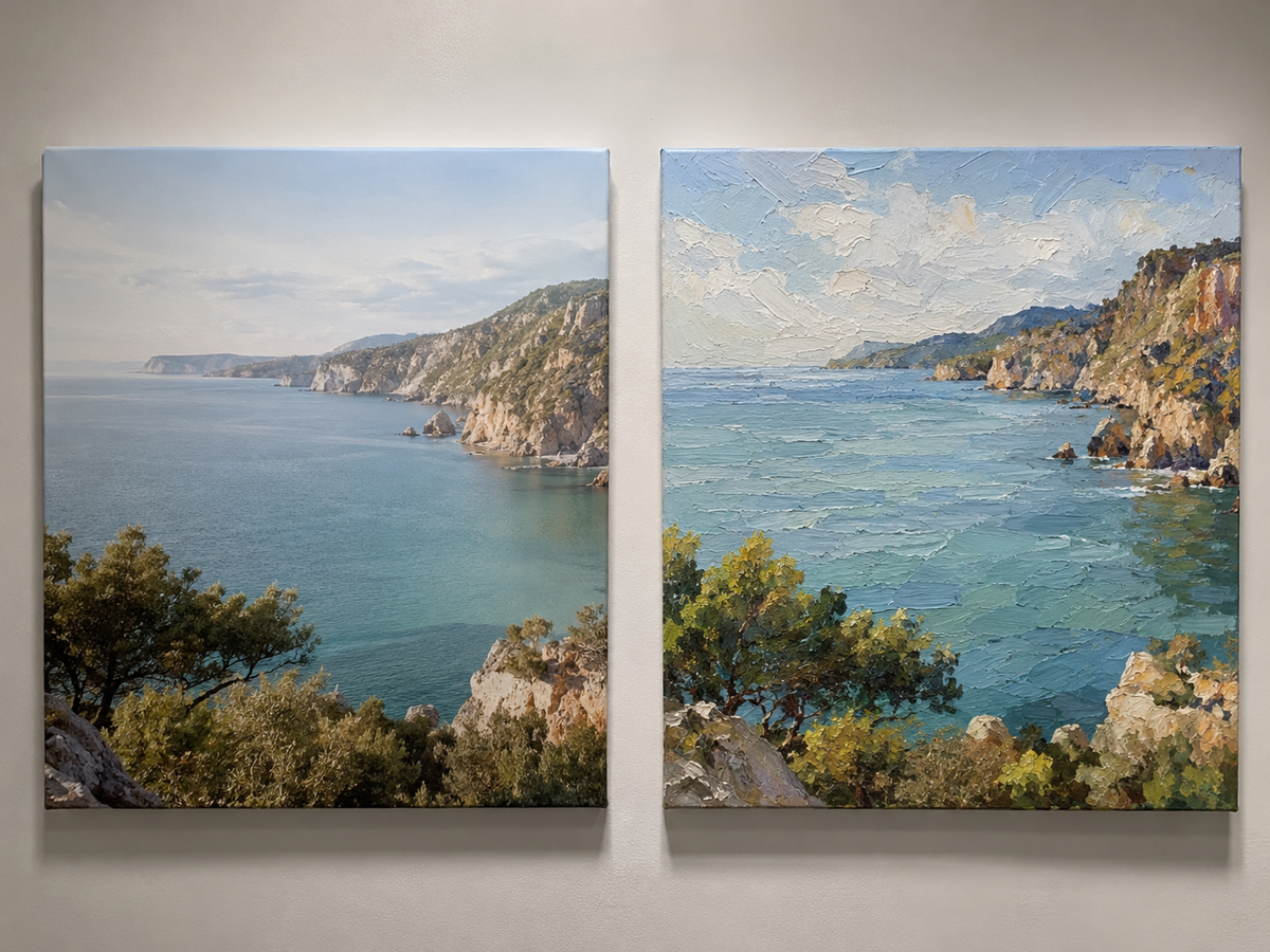 Giclée canvas print and hand-painted artwork photographed side by side.