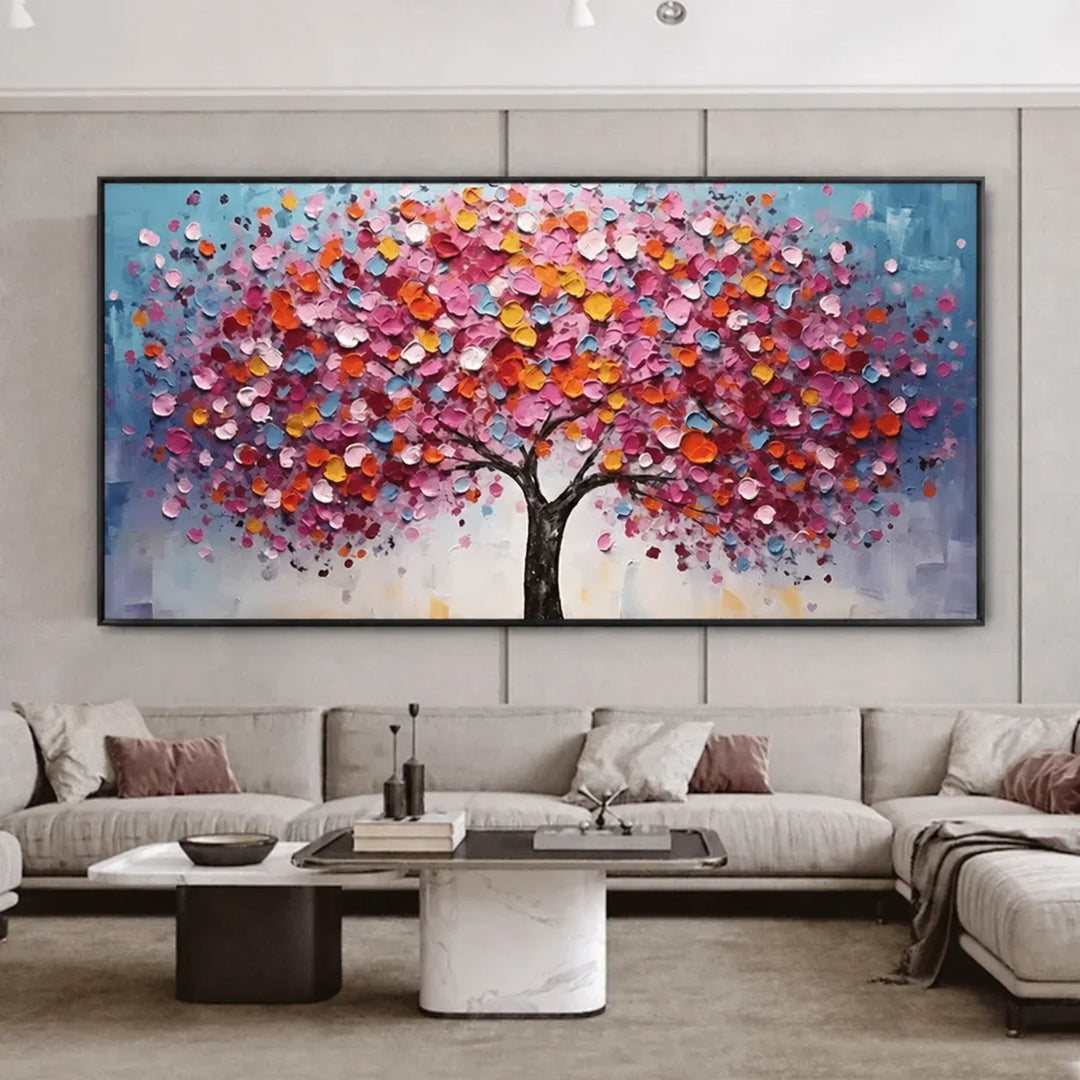 Large abstract landscape painting in a modern neutral living room