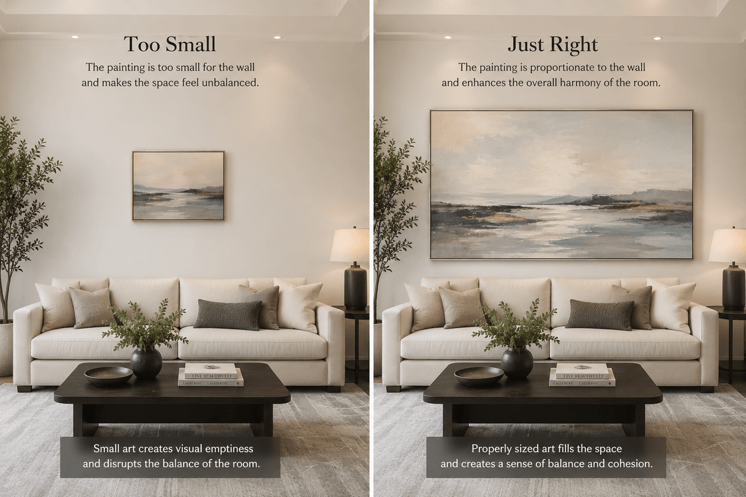 small vs properly sized wall art comparison